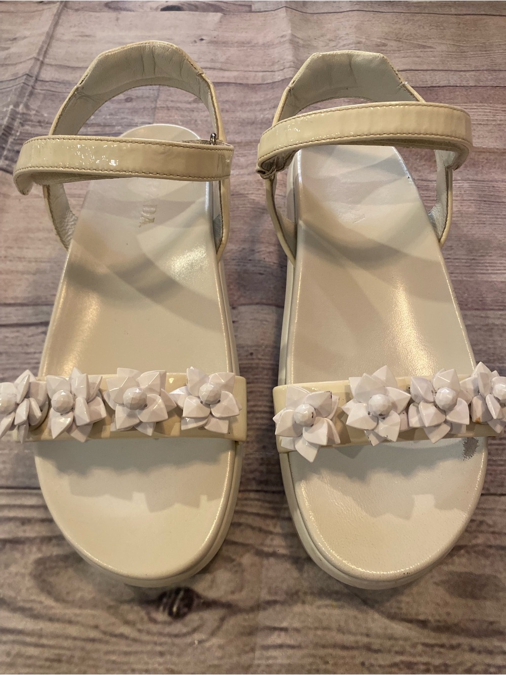 Vintage Prada Y2K White Patent Floral Platform Sandals